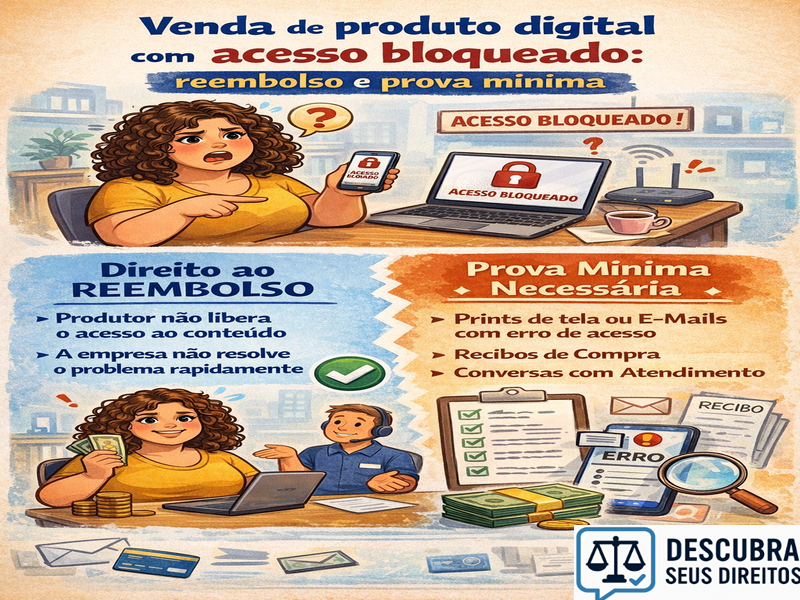 Venda de produto digital com acesso bloqueado: reembolso e prova mínima